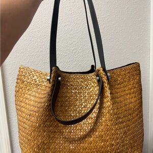 All Saints Allington Woven Straw Tote in Tan with Black Handles